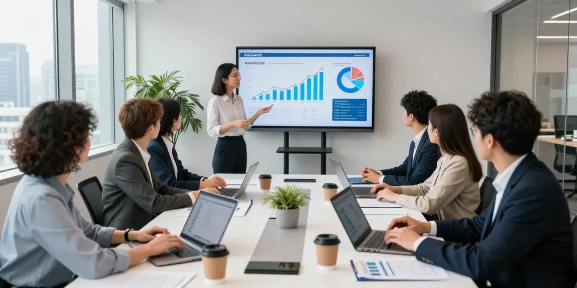 Team discussing NAGA2000 strategy in modern office with data visuals.