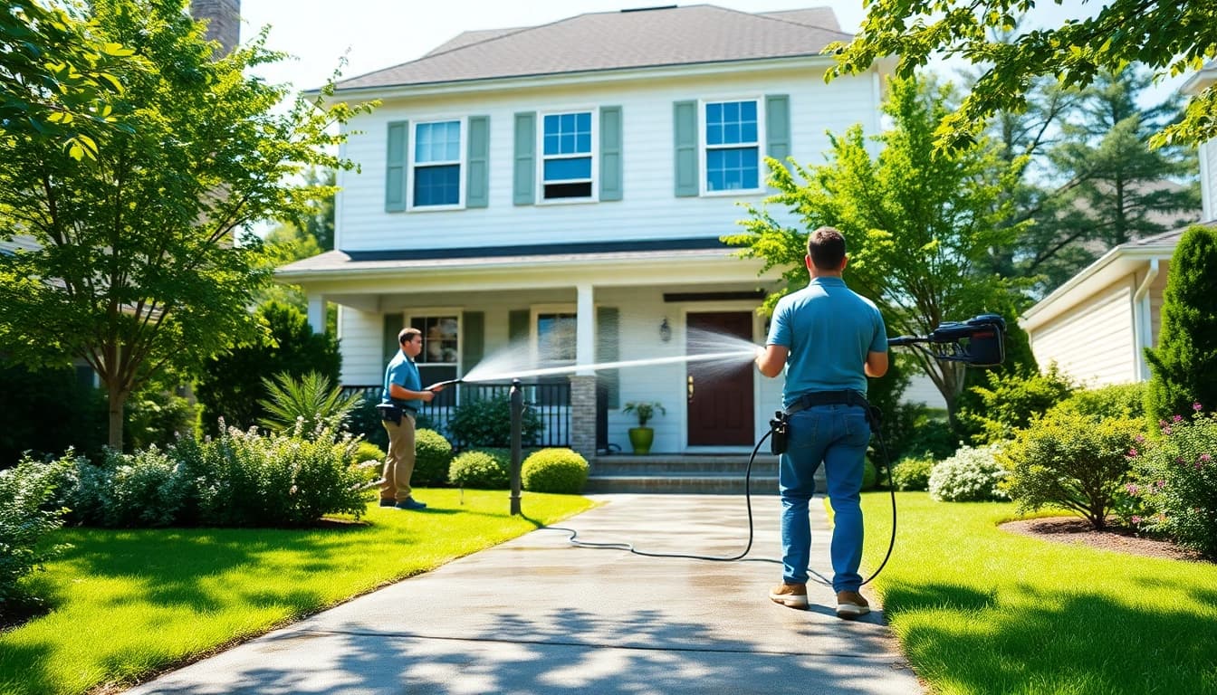 Team performing house washing service to enhance the home's exterior cleanliness.