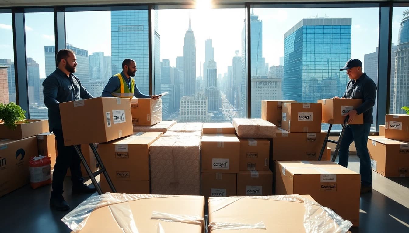 Efficient Office Moving Services NYC showcased by professional movers with company logo boxes.