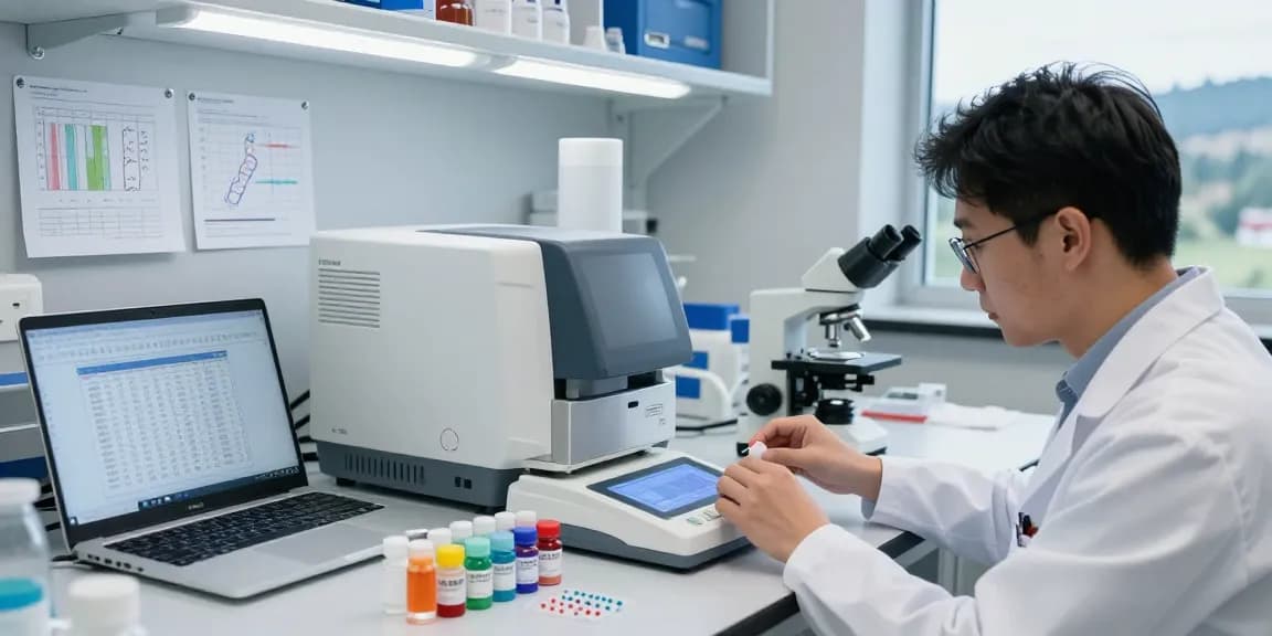 KoiPeptidesCanada scientist analyzing research peptides in a modern lab with vials, digital scale, and advanced equipment.