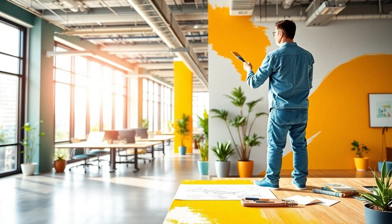Creating an artistic painting commercial in a vibrant office setting, showcasing creativity and professionalism.