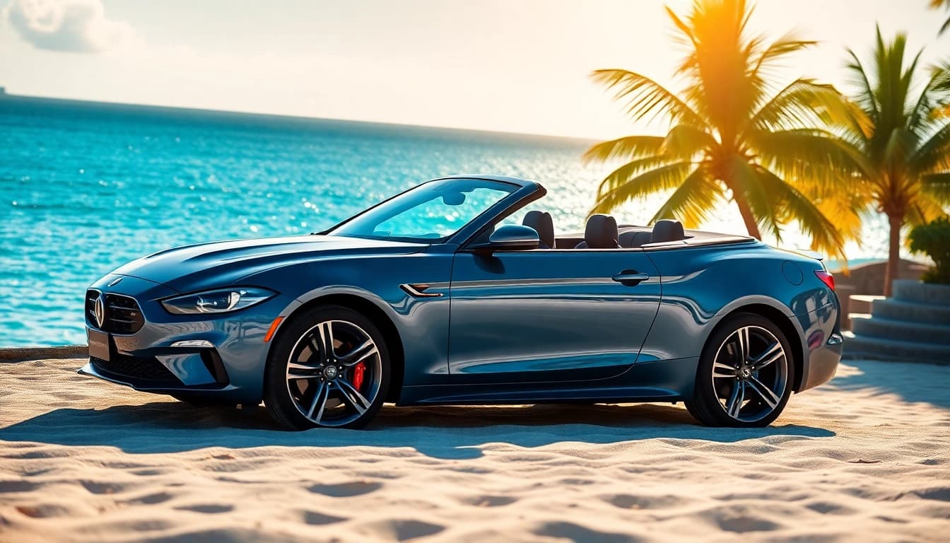Premium car rental st barth with a luxurious convertible by the beach at sunset.