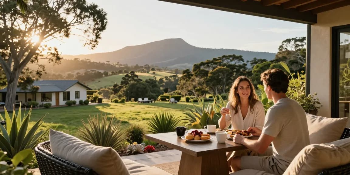 Magaliesburg Accommodation - Couple enjoying breakfast on a scenic balcony surrounded by nature.