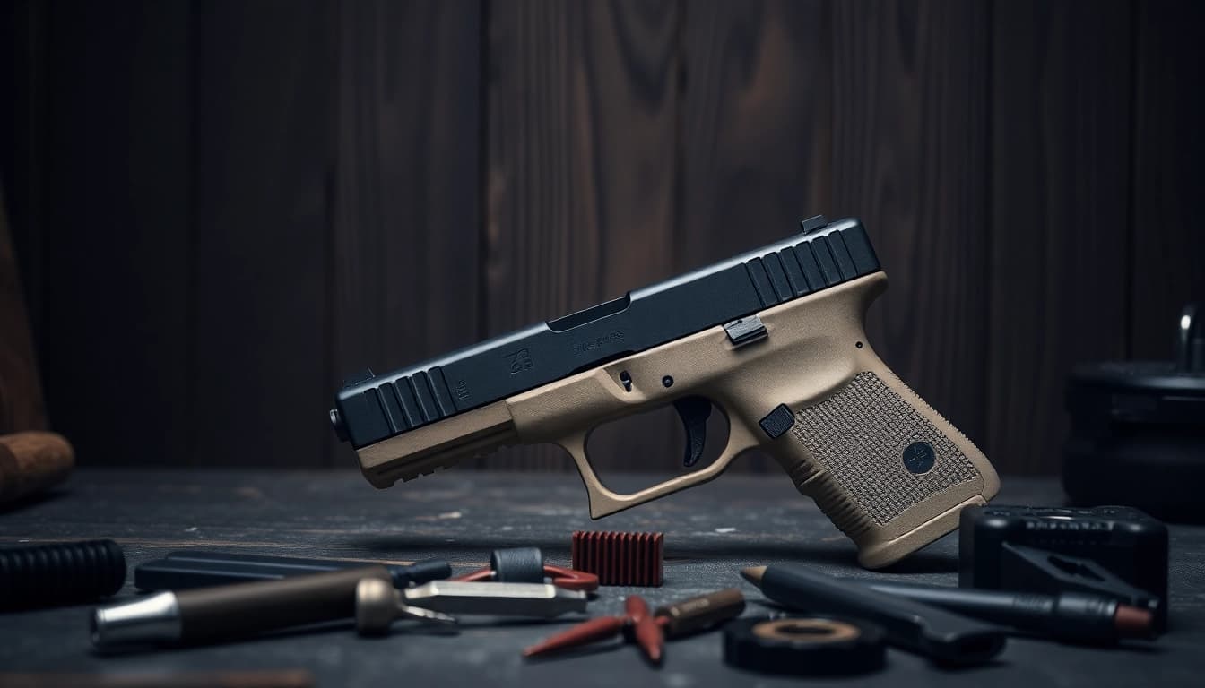 Showcasing a glock 26 gen 5 slide with intricate details on a workbench, highlighting its craftsmanship.