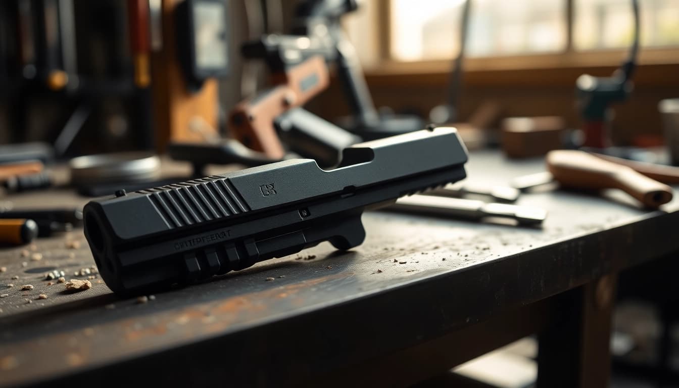 Showcasing a glock 17 slide for sale with precision craftsmanship in a professional setting.