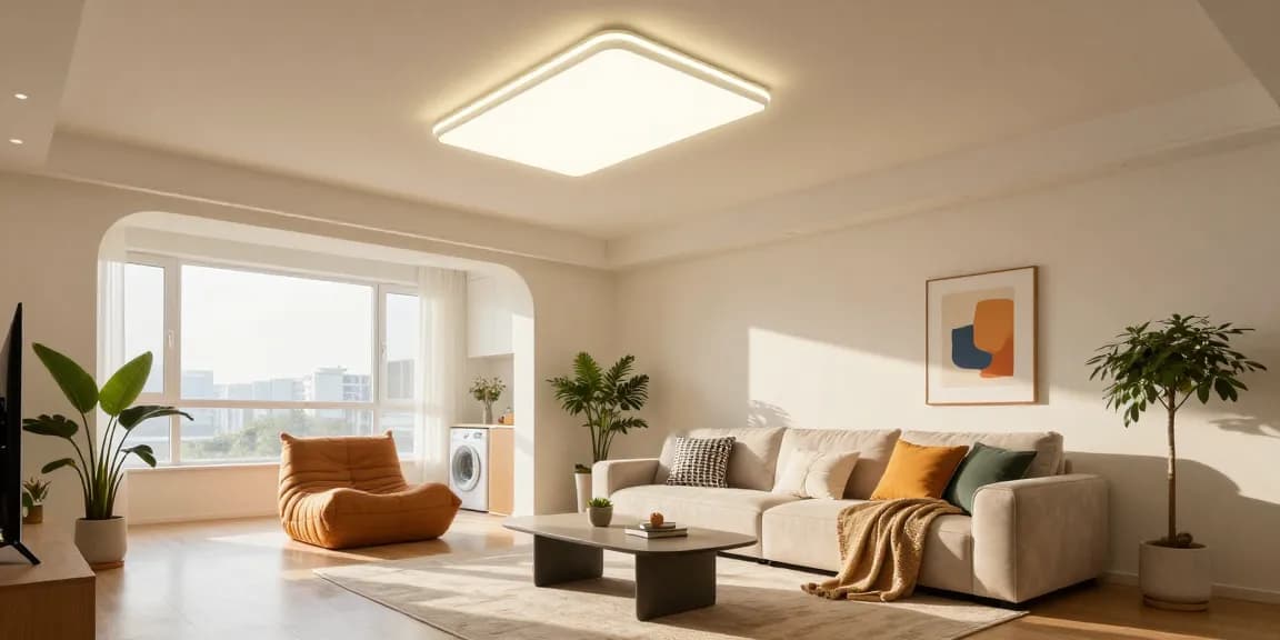 Aplice tavan moderne în interior, iluminând un spațiu de living confortabil cu atmosferă primitoare.