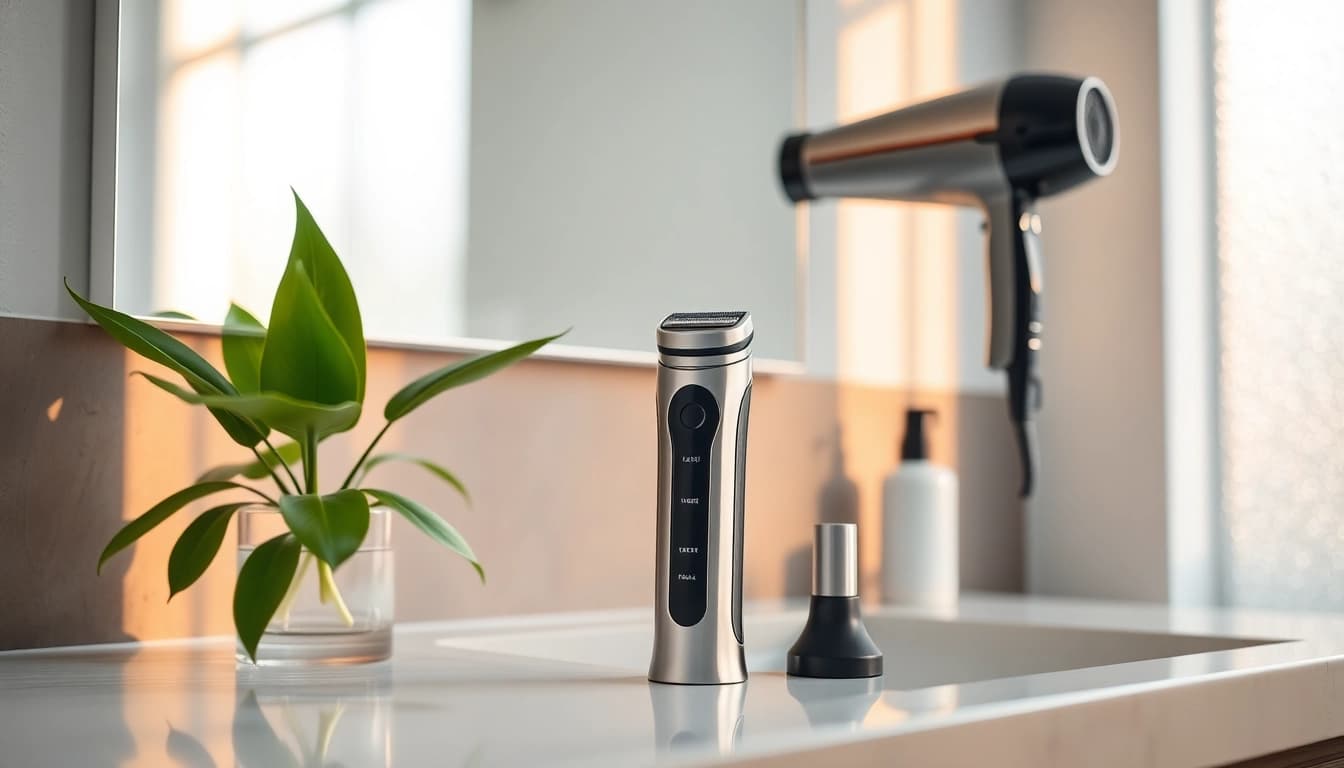 Experience Laifentech's innovative electric shaver and hair dryer in a modern bathroom setting.