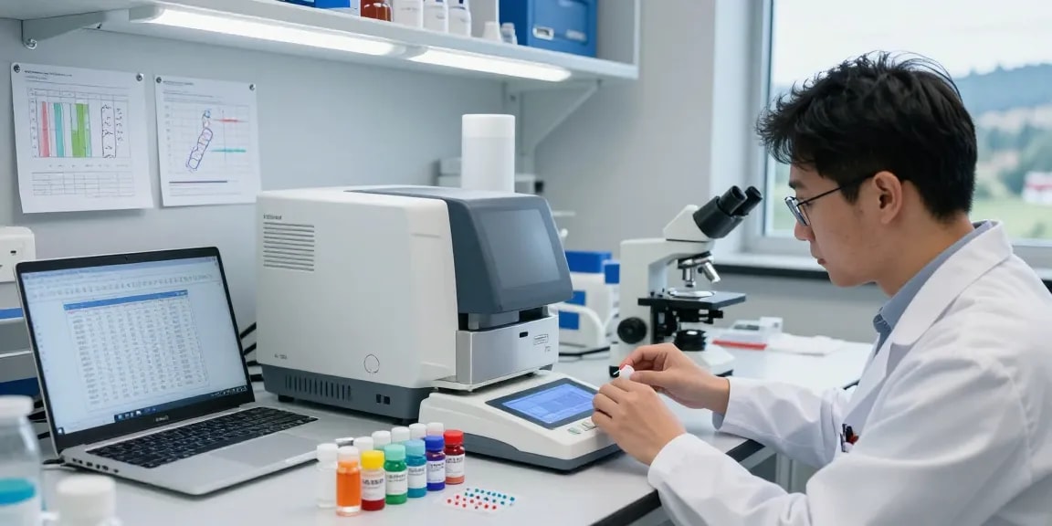KoiPeptidesCanada scientist analyzing research peptides in a modern lab with vials, digital scale, and advanced equipment.