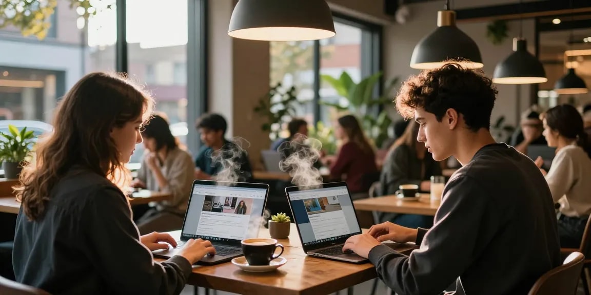 BedPersonal users engaging with local classifieds in a cozy café.