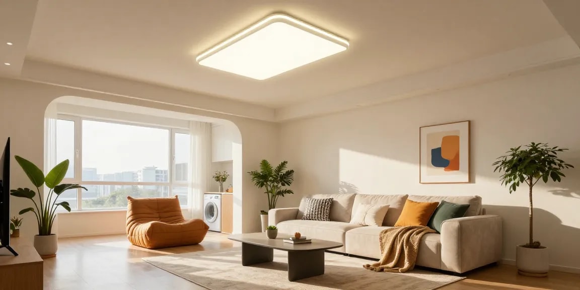 Aplice tavan moderne în interior, iluminând un spațiu de living confortabil cu atmosferă primitoare.