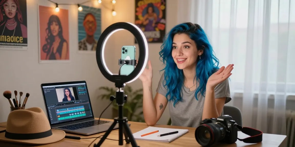Snapchat amateur content creator recording videos in a vibrant home studio.