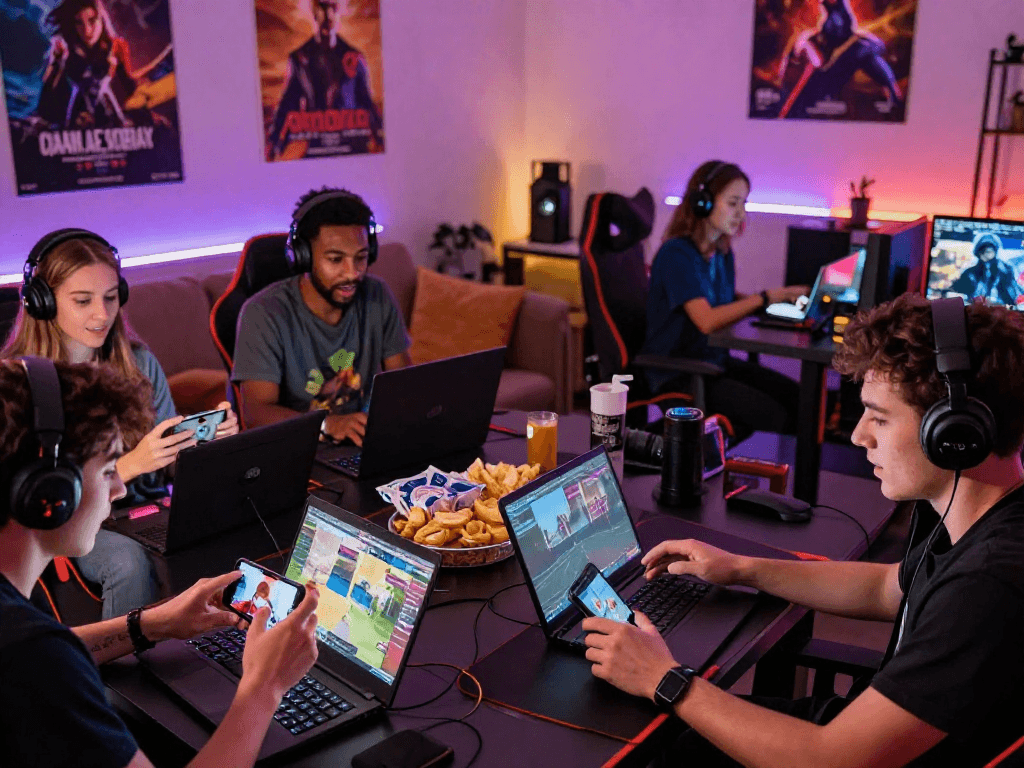 Players immersed in engaging sex games on multiple devices in a cozy gaming room.