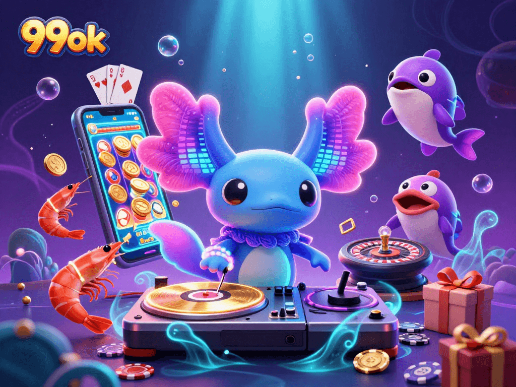 Transform with 99ok as the axolotl DJ spins vibrant slot games in a lively underwater scene.