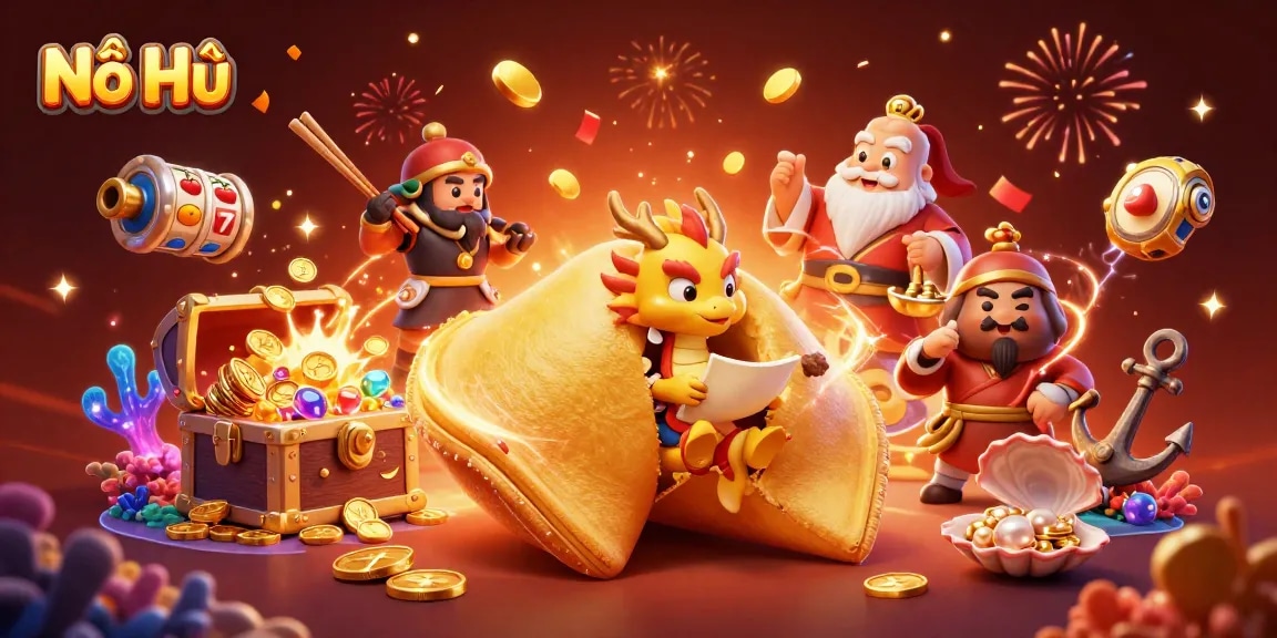 Nổ Hũ captures the thrill of winning with vibrant slot elements and a magical dragon scene.