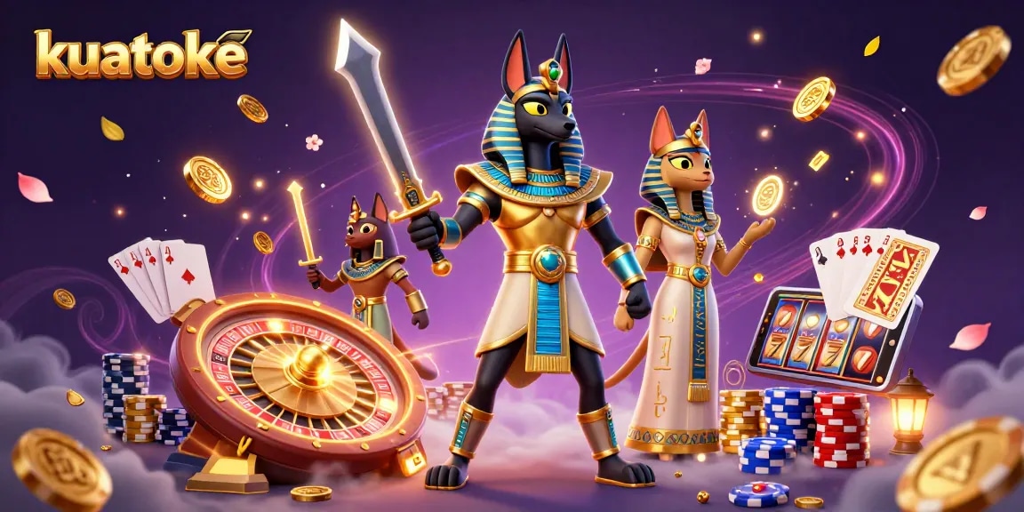 Kuatoke: Experience thrilling online gambling with an ancient Egyptian warrior surrounded by gold and casino elements.