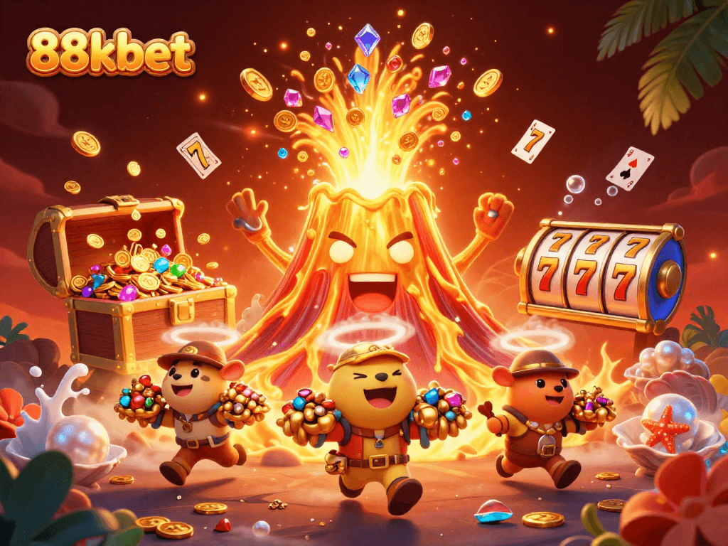 Experience the thrill of 88kbet as a triumphant volcano erupts treasure surrounded by animated gaming elements.