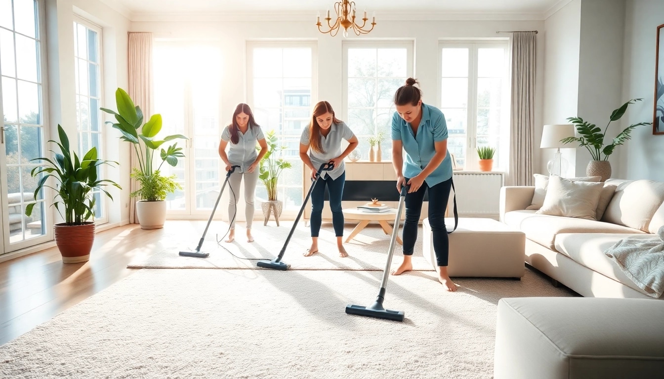 Bond cleaning experts diligently performing cleaning tasks in a sunlit living room.