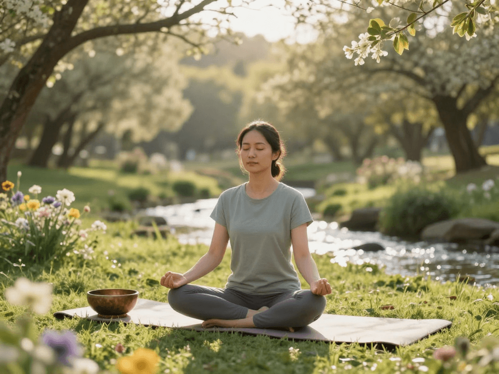Individual practicing mantra 88 meditation in a peaceful outdoor setting surrounded by nature.