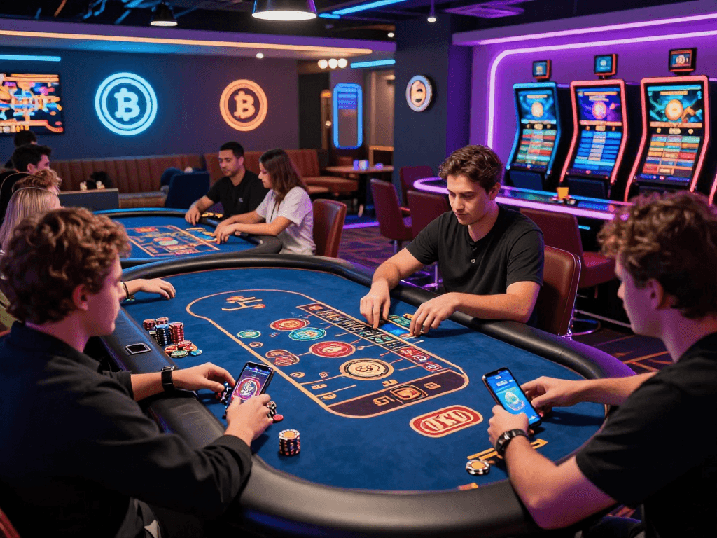Exciting crypto casino gaming scene with players at digital tables and neon lights.