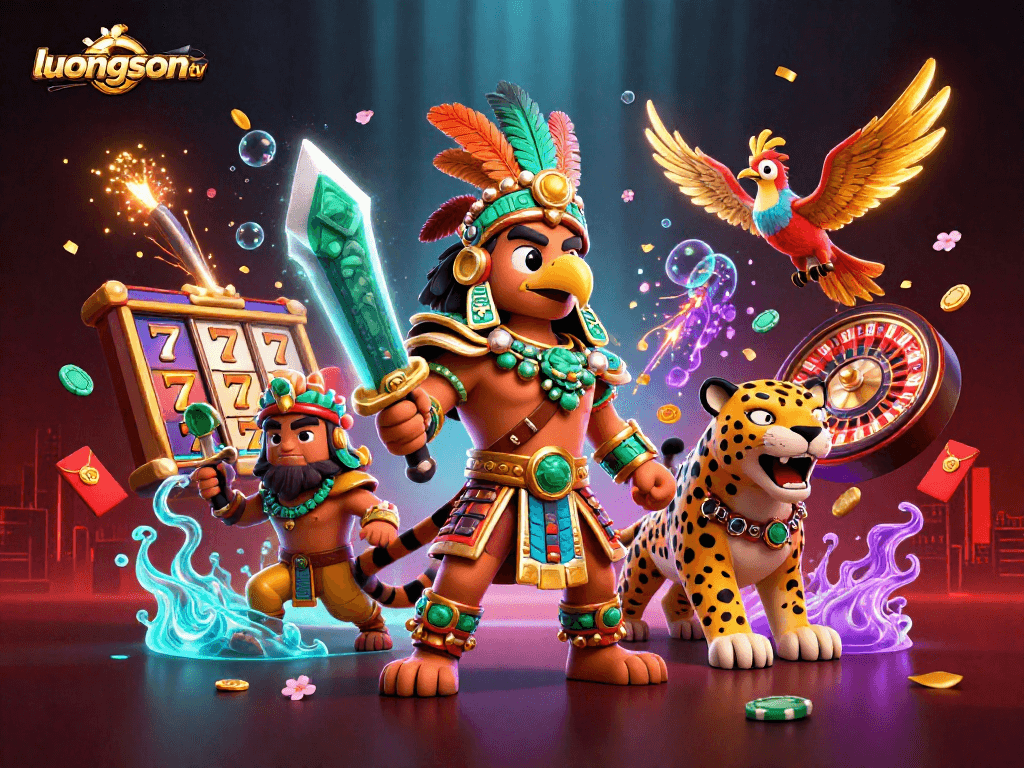 Bet big with luongson tv's vibrant gambling scene featuring 3D Aztec warriors and slot machines.