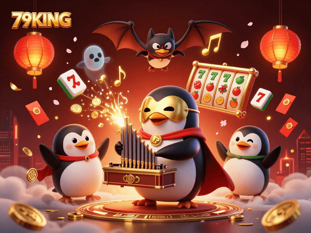 Experience the magic of 79KING with a vibrant 3D casino illustration featuring thrilling slot reels and enchanting characters.