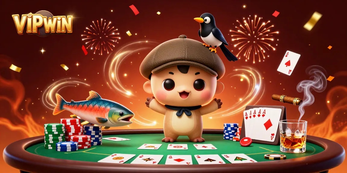 Experience the excitement of VIPWIN with a playful cartoon scene full of poker thrills and colorful characters.