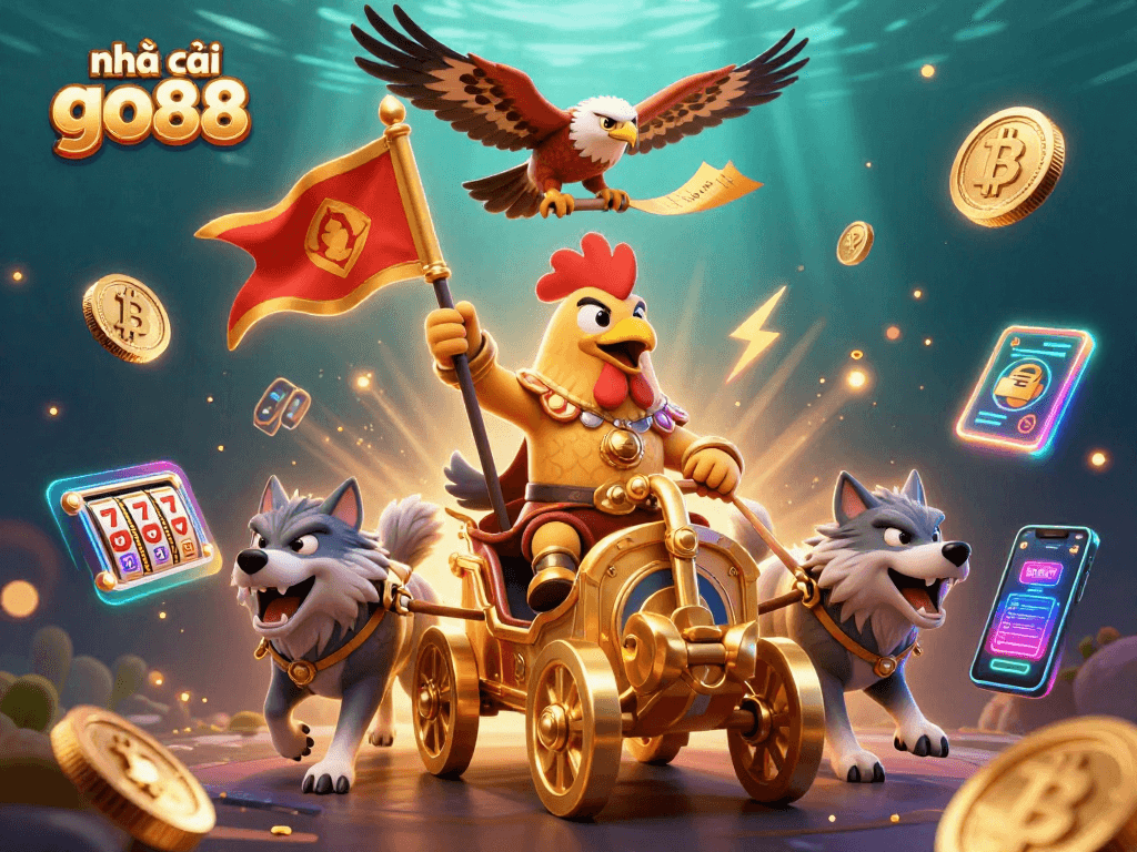 Join the action at nhà cái go88 with a dynamic scene featuring a rooster warlord and crypto elements.