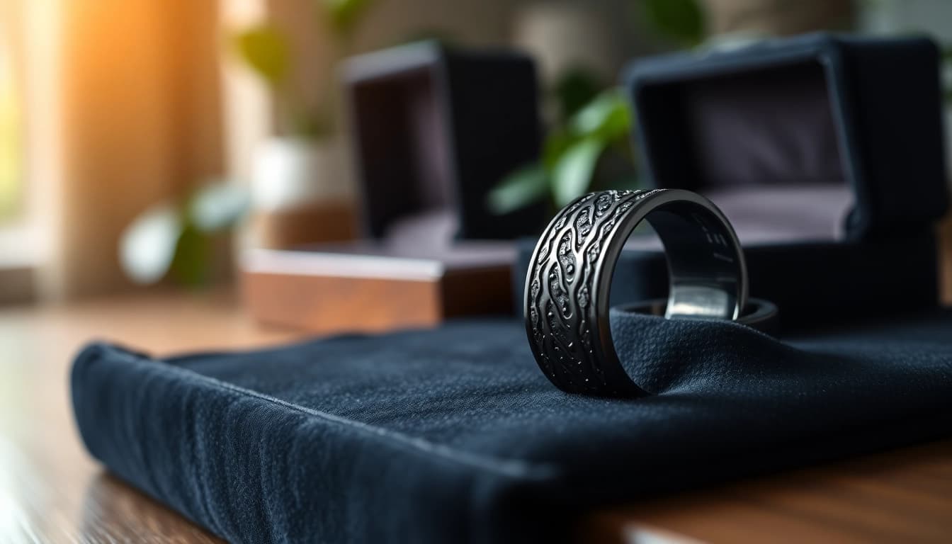 Showcase of crafted Black Zirconium Rings highlighted against a luxurious background.