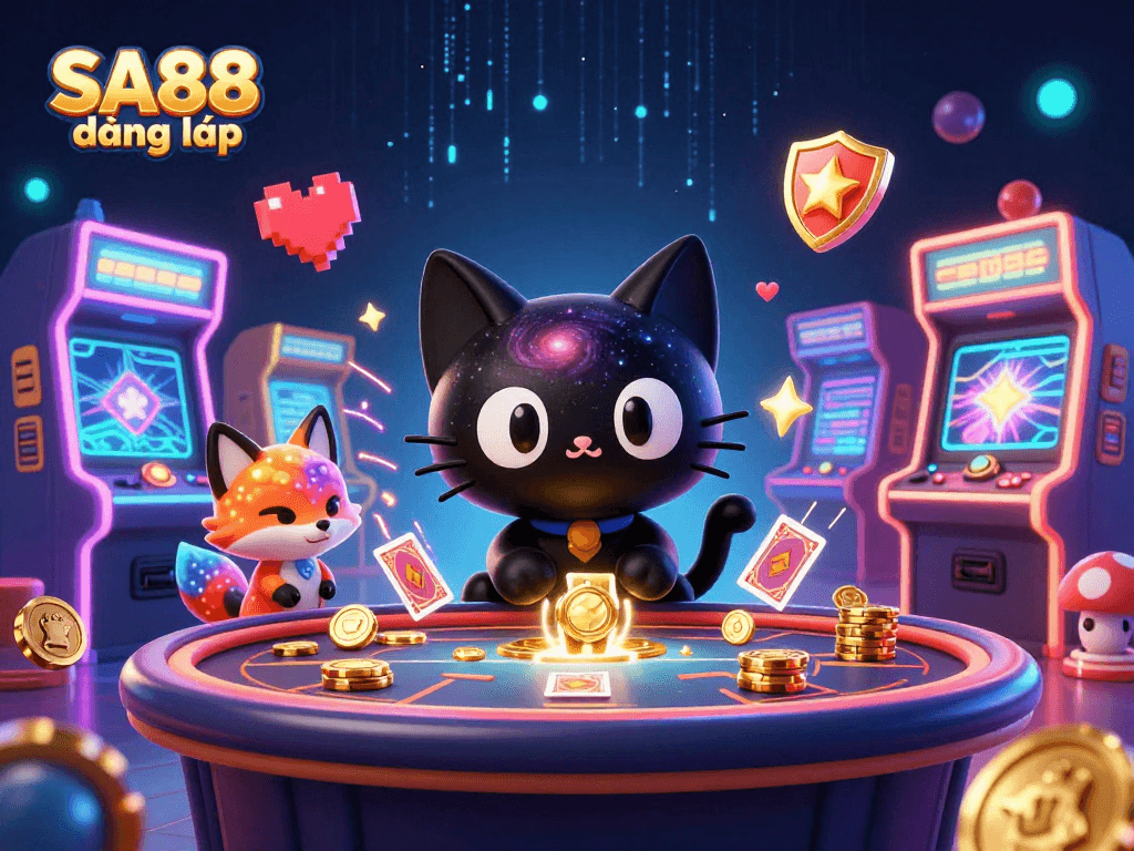 Win with SA88 đăng nhập at a cosmic casino featuring a black hole cat and vivid game elements.