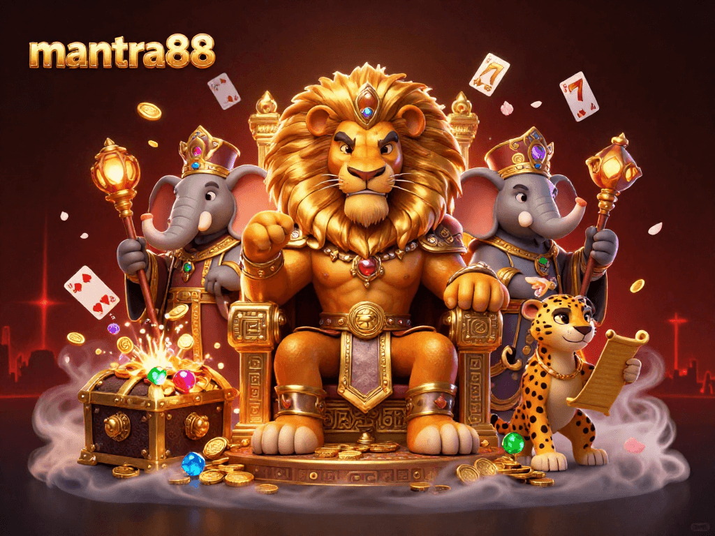 Experience mantra88's vibrant casino scene, featuring a lion king, elephant advisor, and cheetah messenger.
