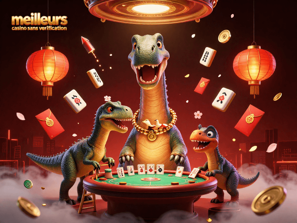 Découvrez les meilleurs casinos sans vérification, avec un brontosaurus interagissant autour d'une table de poker.