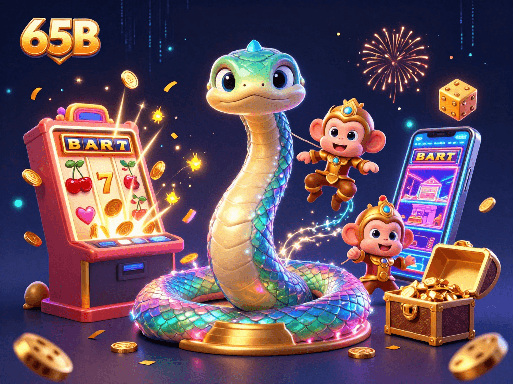 Jogadores desfrutando do jackpot em 65B, com serpentinha de cores e máquinas caça-níqueis vibrantes.