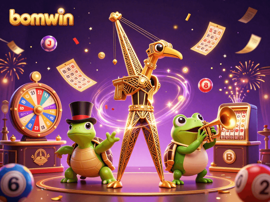 Experience excitement with bomwin's vibrant lottery celebration scene featuring dynamic game elements.