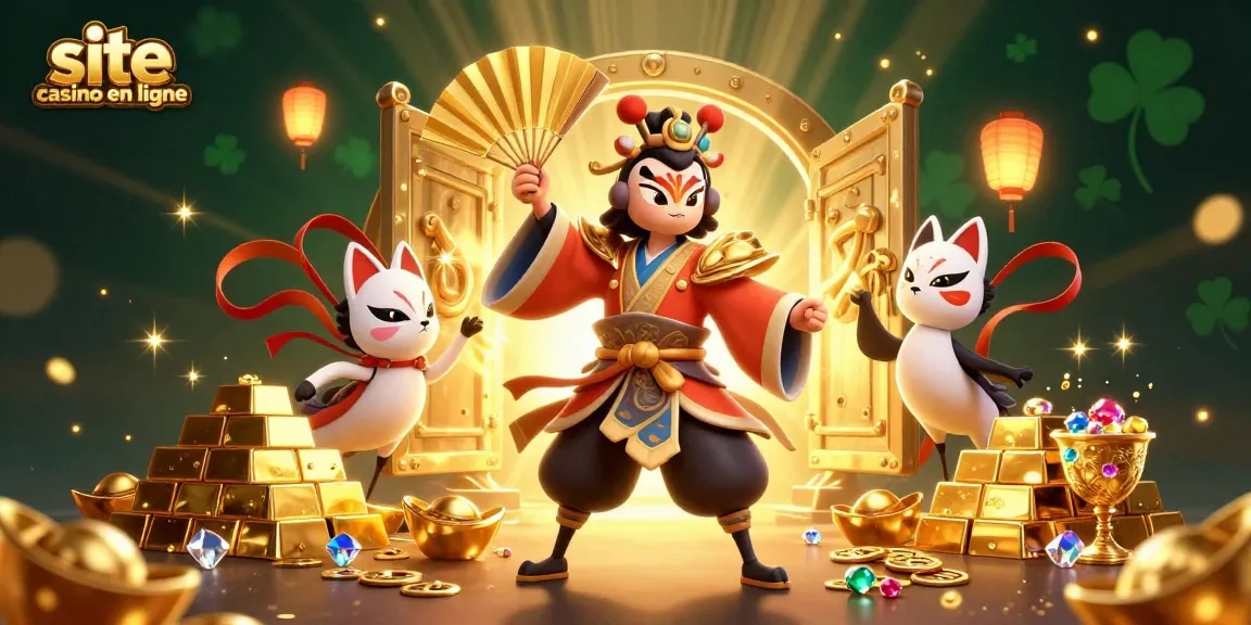 Jouez sur un site casino en ligne avec un guerrier kabuki et des éléments de jeux variés.