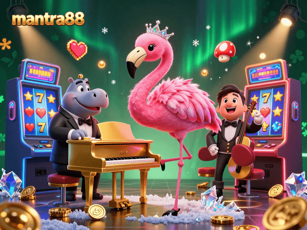 Experience thrilling wins at mantra88 with vibrant slot machines and lively characters in a dazzling casino scene.