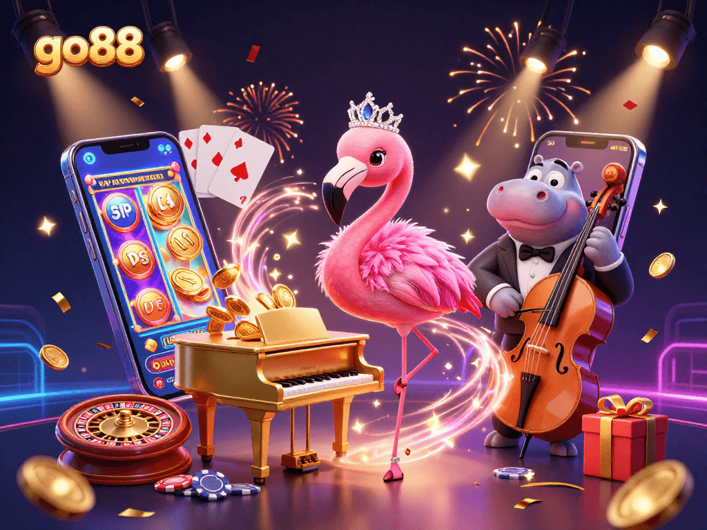 Experience go88's vibrant casino ambiance with flamingo singer and cool hippo bassist.