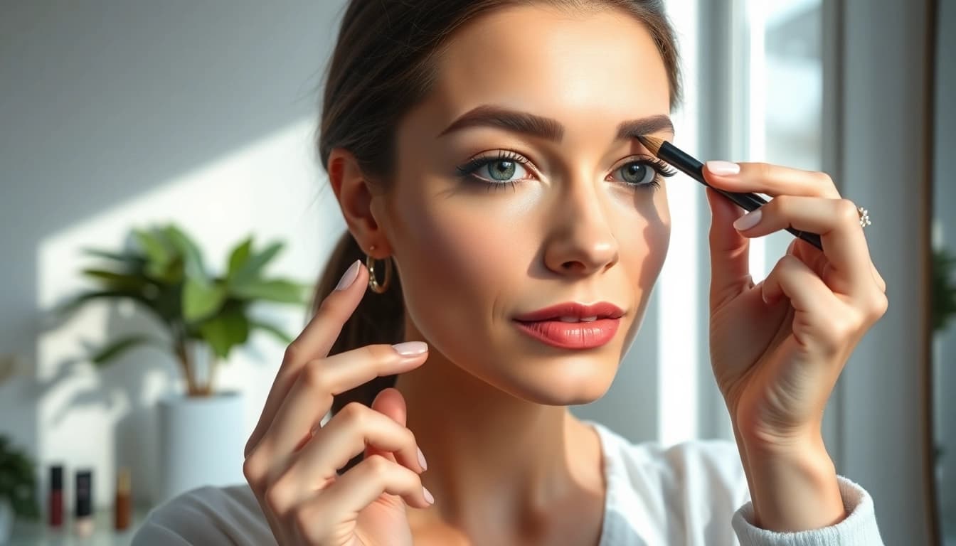 Apply pencil eyebrows with precision in a modern bathroom, capturing a confident look.