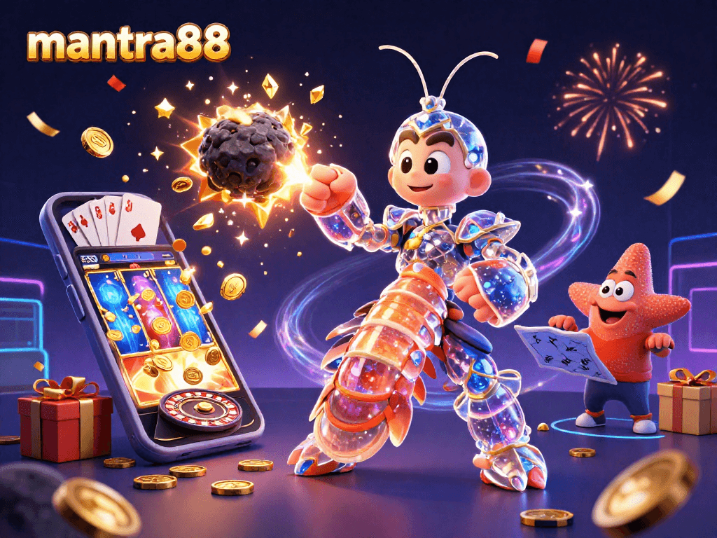 Engage with mantra88's thrilling online gaming world as the mantis shrimp celebrates winning gems amidst vibrant casino elements.