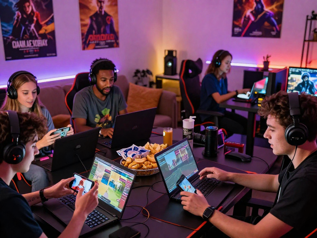 Players immersed in engaging sex games on multiple devices in a cozy gaming room.