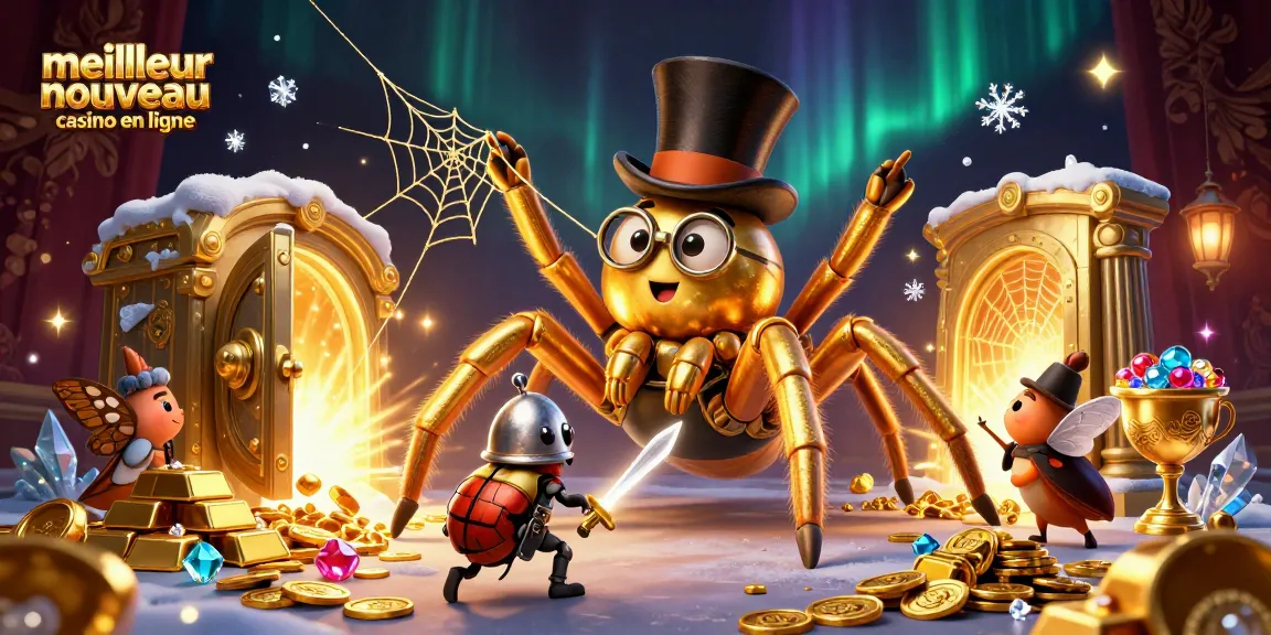 Visualisez le meilleur nouveau casino en ligne avec une araignée dorée et un chevalier.