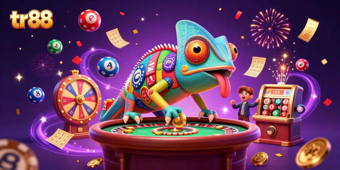 Experience the vibrant action of tr88 online casino with lively gambling elements and a colorful chameleon mascot.
