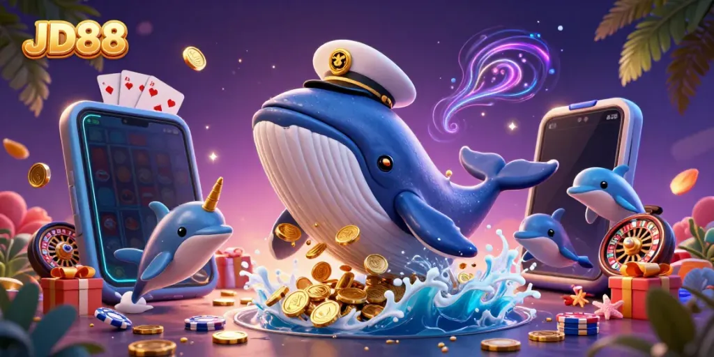 Join the excitement of JD88 with a whimsical scene of a cartoon whale and a golden narwhal enjoying casino games.