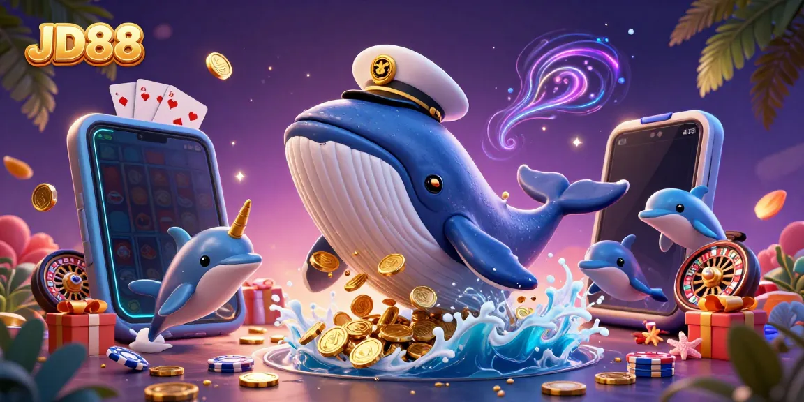 Join the excitement of JD88 with a whimsical scene of a cartoon whale and a golden narwhal enjoying casino games.