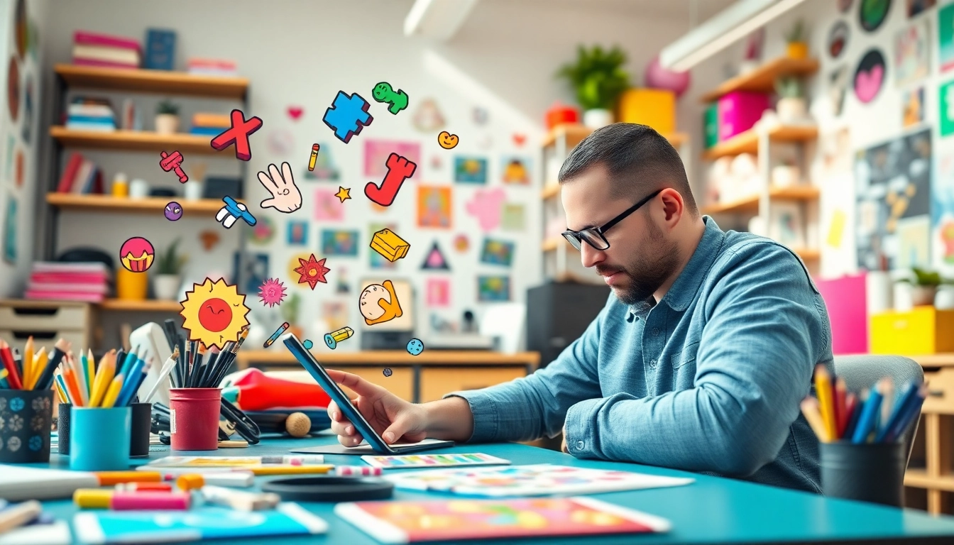 Klipy artistically creating colorful GIFs, stickers, and memes in a vibrant digital workshop.
