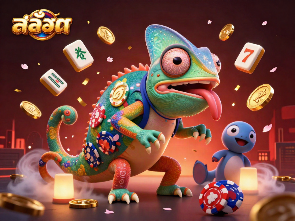 Spinning สล็อต reels illuminated by a vibrant chameleon casino owner, filled with winning game elements.