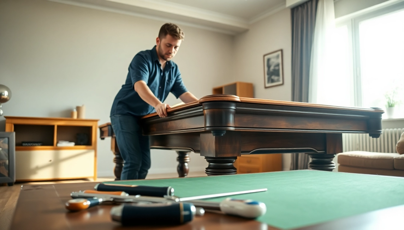 Expert pool table mover disassembling a billiard table in a well-lit living room.