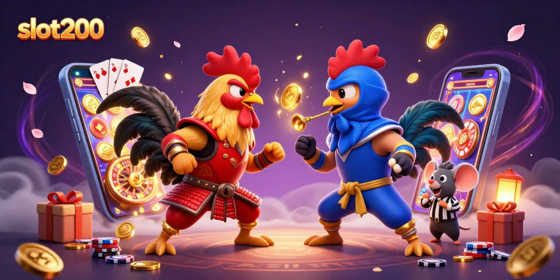 Engage in thrilling gameplay with slot200, featuring dynamic fighting roosters and vibrant casino elements.