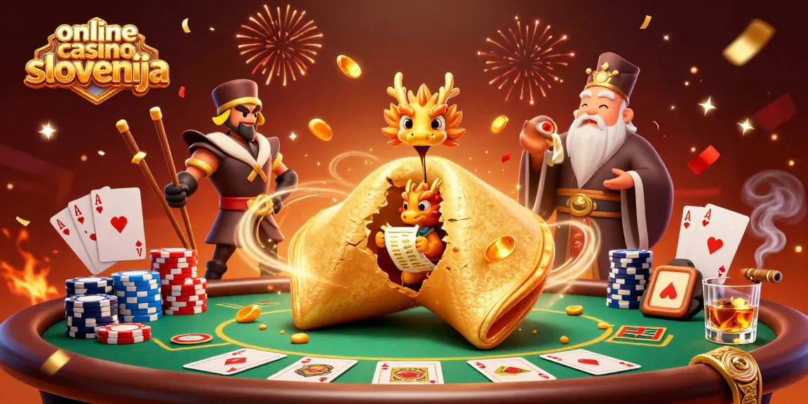 Igrajte v online casino Slovenija z zanimivo ilustracijo z zlatim srečnim piškotkom in dragonom, ki bere usodo.