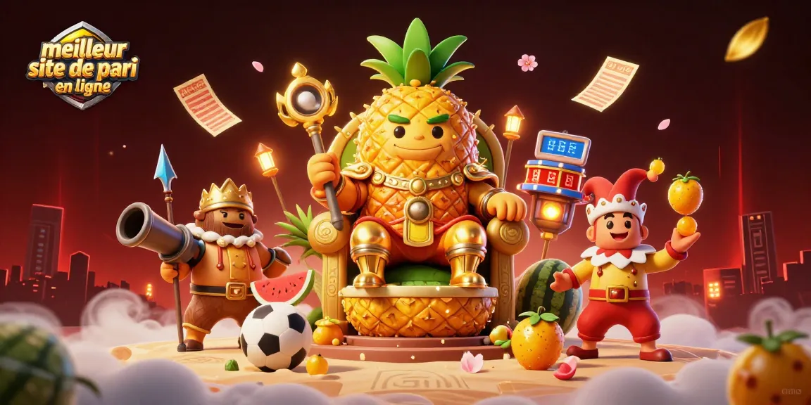 Découvrez le meilleur site de pari en ligne avec le roi ananas et ses gardes sur la plage, entouré d'éléments sportifs.