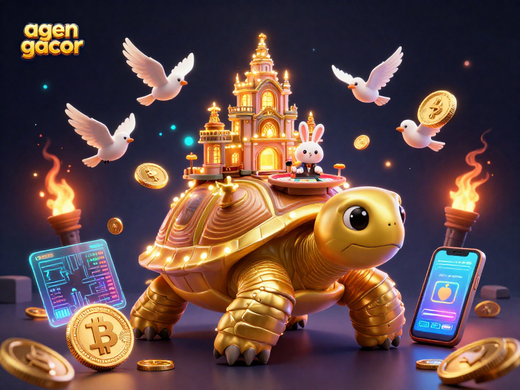 Experience the excitement of agen gacor in this vibrant 3D casino illustration featuring a golden tortoise and rabbit dealer.